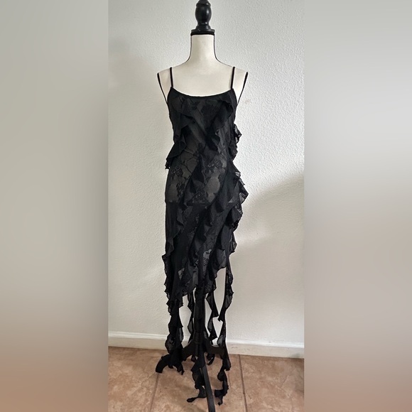 NEW FOREVER 21 Black Assymetrical Cascading Ruffle Dress Size M SEE THROUGH LACE - Picture 1 of 11